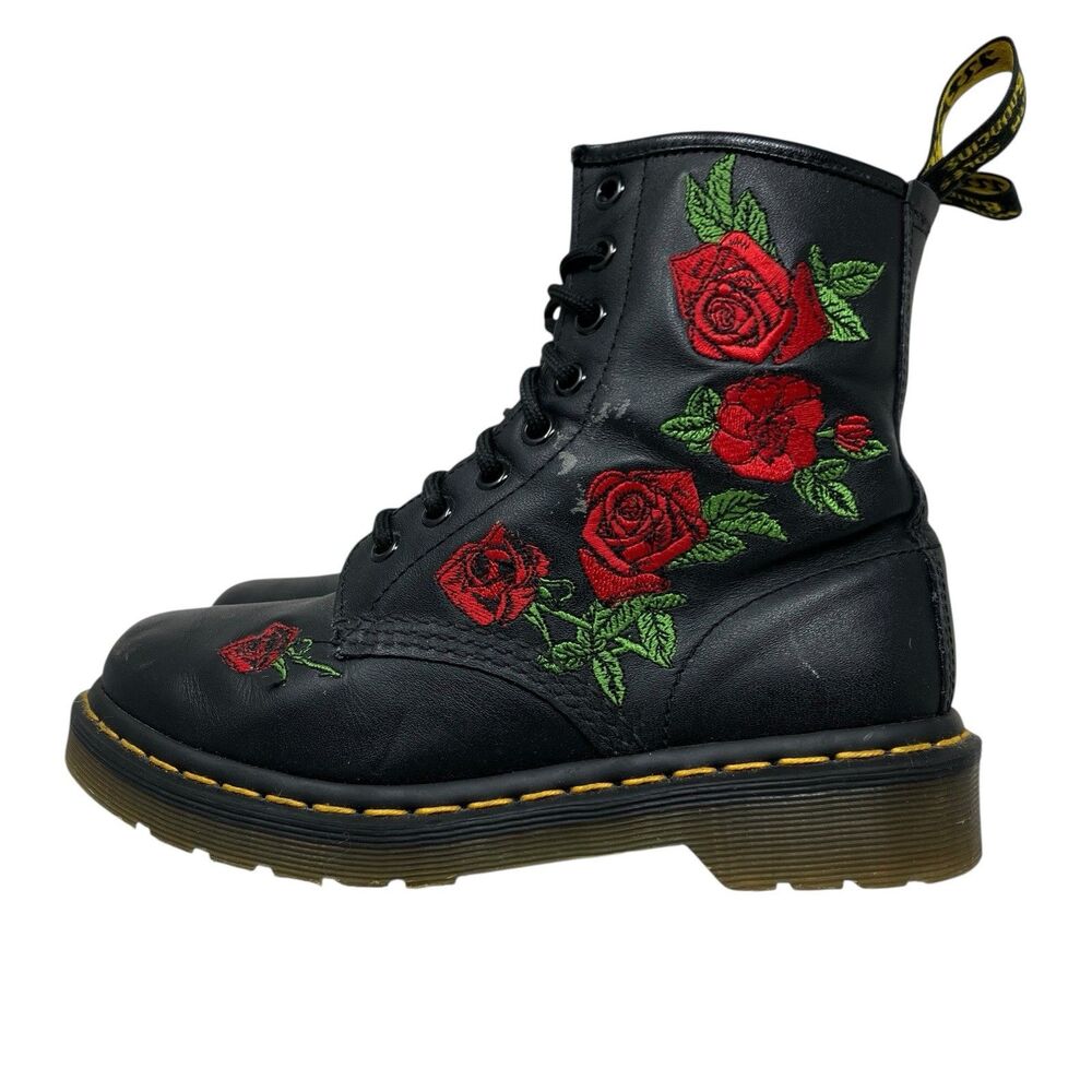 Dr Martens Black Leather 1460 Vonda Roses Floral Combat Embroidered Boots - Picture 4 of 15